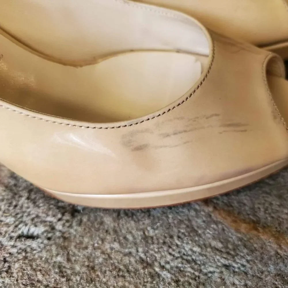 JIMMY CHOO 'NOVA' NUDE PATENT PEEP-TOE SLING BACK HIGH HEEL W/ PLATFORM SZ 7.5 - Picture 4 of 6
